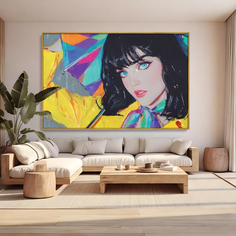 Tablou canvas cu pictura cu femeie bruneta si umbrela colorata, in rama de aluminiu auriu, pe perete intr-un living
